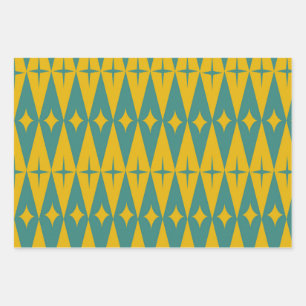 Mid Century Retro Stars on Teal Mustard Diamonds Wrapping Paper Sheet