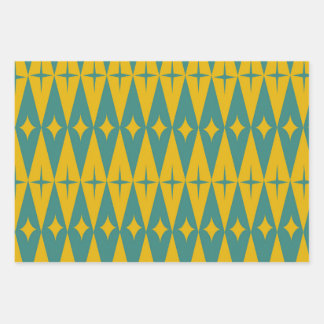 Mid Century Retro Stars on Teal Mustard Diamonds  Wrapping Paper Sheet