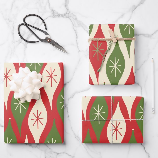 Mid-Century Retro Vintage Christmas Ornaments Wrapping Paper Sheet (Front)