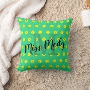 mid century retro yellow green floral Monogram Cushion