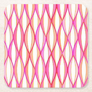 Mid-Century Ribbon Print - coral and pink Square Paper Coaster
