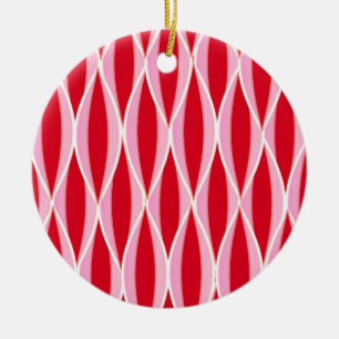Mid-Century Ribbon Print, Deep Coral Red and Pink Ceramic Ornament