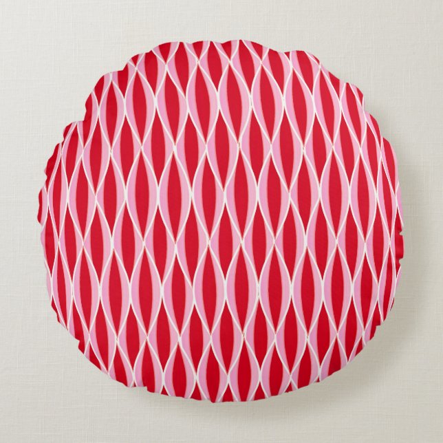 Mid-Century Ribbon Print, Deep Coral Red and Pink Round Cushion (Front)