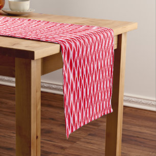 Mid-Century Ribbon Print, Deep Coral Red and Pink Short Table Runner