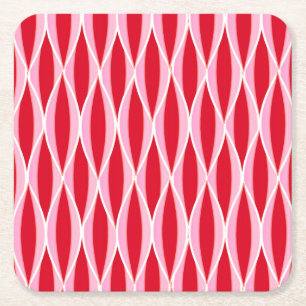 Mid-Century Ribbon Print, Deep Coral Red and Pink Square Paper Coaster