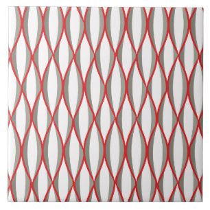Mid-Century Ribbon Print - grey, white, red Tile