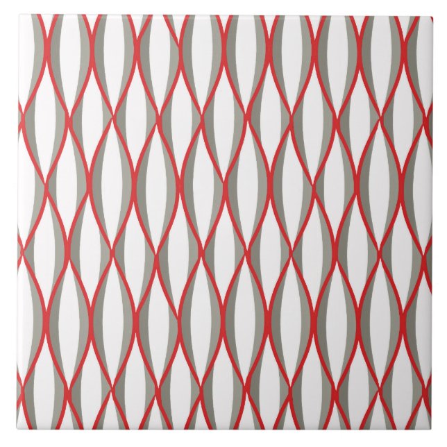 Mid-Century Ribbon Print - grey, white, red Tile (Front)