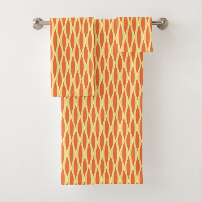 Mid-Century Ribbon Print, Orange and Golden Yellow Bath Towel Set (Insitu)