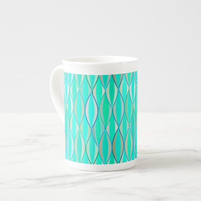 Mid-Century Ribbon Print - shades of turquoise Bone China Mug (Front Left)