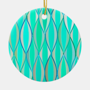 Mid-Century Ribbon Print - shades of turquoise Ceramic Ornament