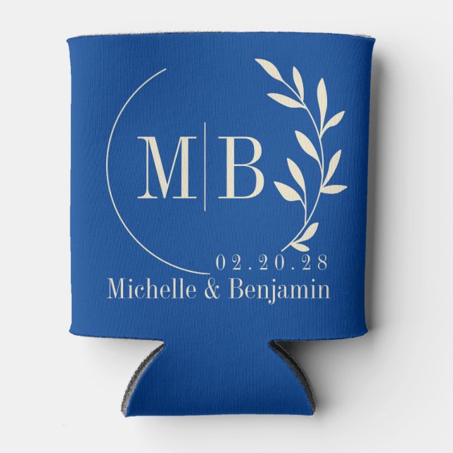 Mid-Century Royal Leaf Wedding Monogram Can Cooler (Front)