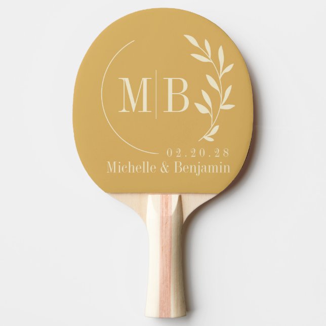 Mid-Century Sand Sunrise Leaf Wedding Monogram Ping Pong Paddle (Front)