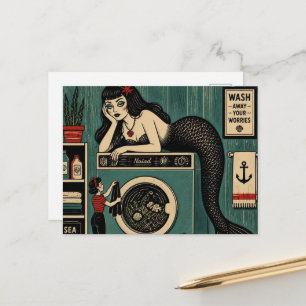 Mid Century Sea Siren on Laundry Day Postcard