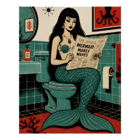 Mid Century Sea Siren on Toilet Reading Newspaper