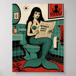 Mid Century Sea Siren on Toilet Reading Newspaper Poster