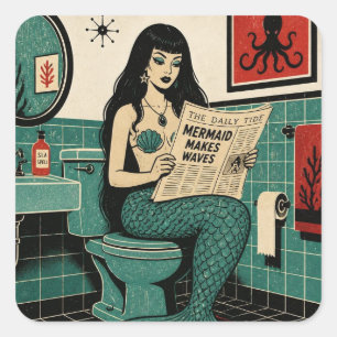 Mid Century Sea Siren on Toilet Reading Newspaper Square Sticker