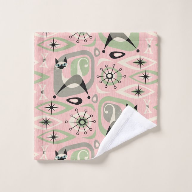 Mid Century Siamese Cat Abstract Bath Towel Set (Wash Cloth)