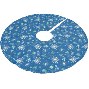 Mid-Century Snowflakes Galore On Blue Brushed Polyester Tree Skirt