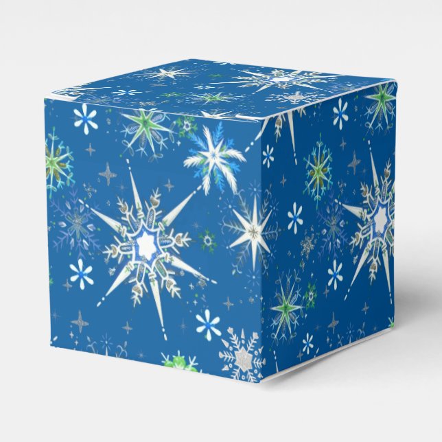Mid-Century Snowflakes Galore On Blue Favour Box (Front Side)