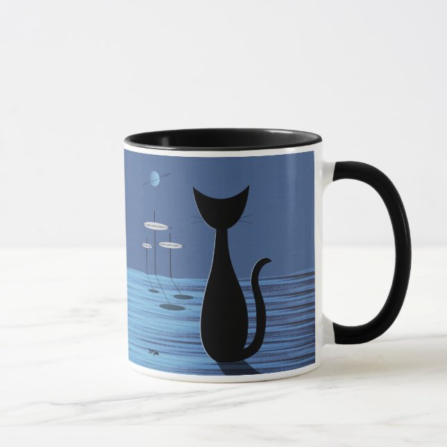 Mid Century Space Cat in Blue Mug (Right)