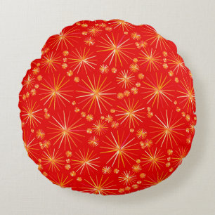 Mid Century Sputnik pattern, Deep Red Round Cushion