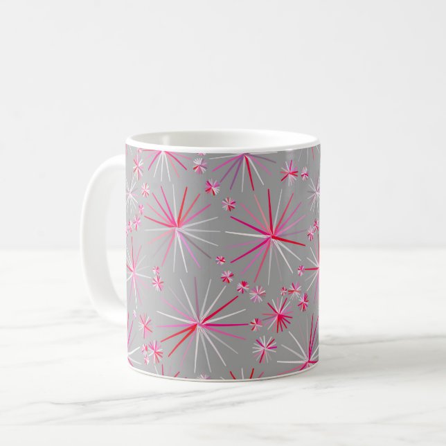 Mid Century Sputnik pattern, Grey and Fuchsia Coffee Mug (Front Left)