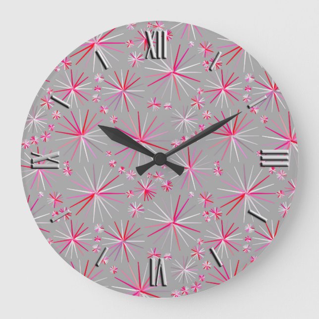 Mid Century Sputnik pattern, Grey and Fuchsia Large Clock (Front)
