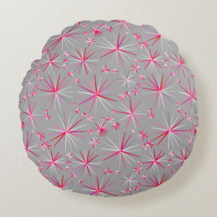 Mid Century Sputnik pattern, Grey and Fuchsia Round Cushion