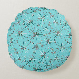 Mid Century Sputnik pattern, Robin's Egg Blue Round Cushion