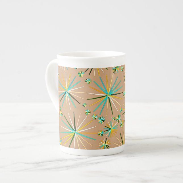 Mid Century Sputnik pattern, Taupe Tan Bone China Mug (Front Left)