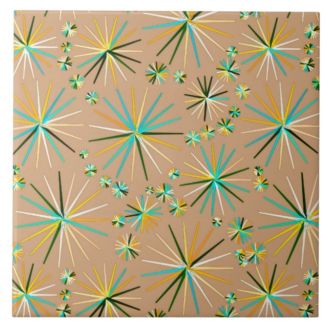 Mid Century Sputnik pattern, Taupe Tan Ceramic Tile (Front)