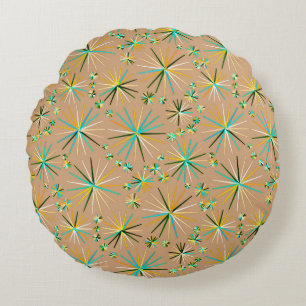 Mid Century Sputnik pattern, Taupe Tan Round Cushion