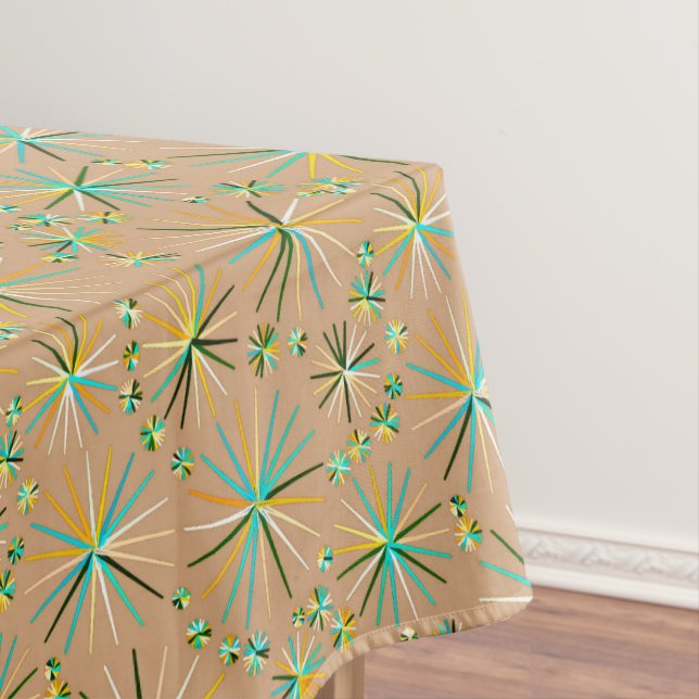 Mid Century Sputnik pattern, Taupe Tan Tablecloth (In Situ)