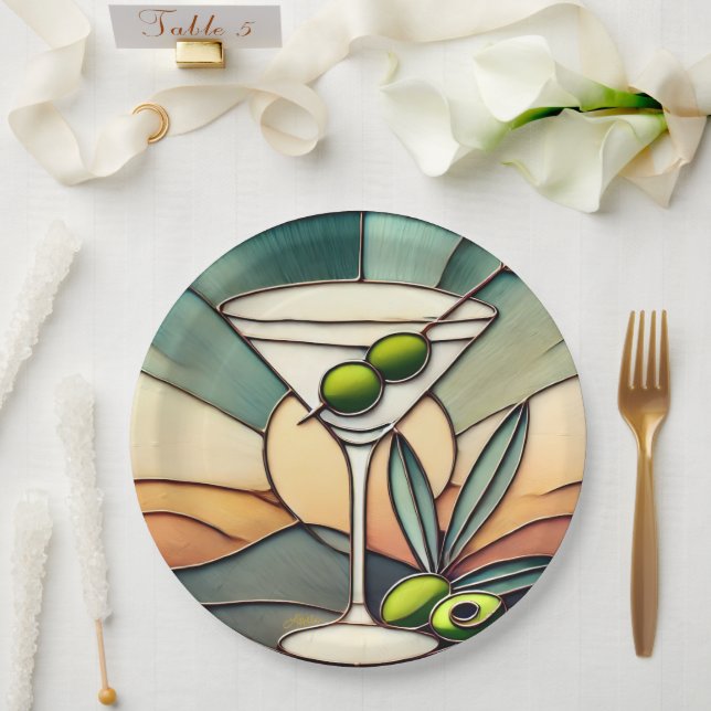 Mid Century Stained Glass 2 Olive Martini Paper Plate (Wedding)