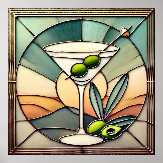 Mid Century Stained Glass 2 Olive Martini Poster (Front)