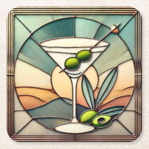 Mid Century Stained Glass 2 Olive Martini Square Paper Coaster
