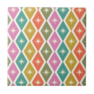 Mid Century Starbrusts on Colourful Retro Diamonds Ceramic Tile