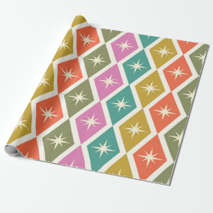 Mid Century Starbrusts on Colourful Retro Diamonds Wrapping Paper