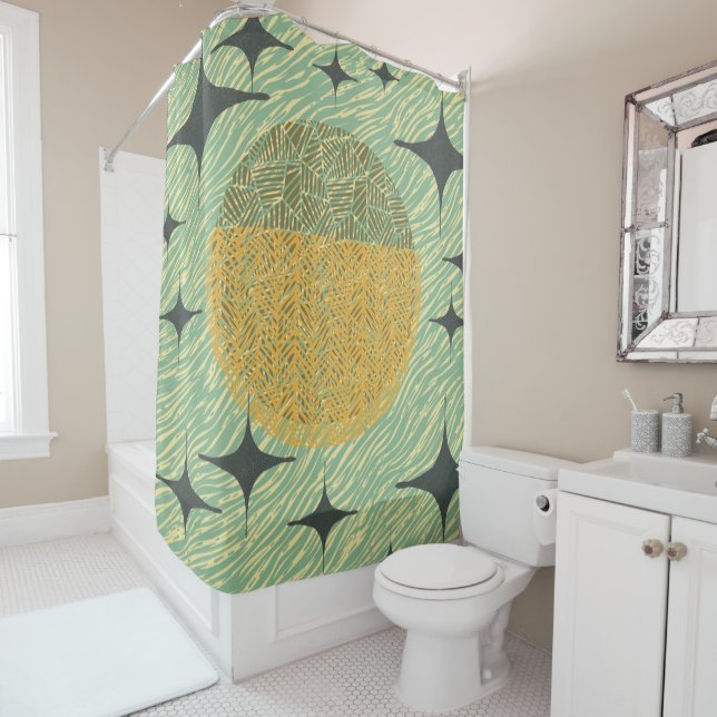 Mid Century Starburst Geometric Design Shower Curtain (In Situ)