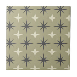 Mid Century Starbursts in beige and taupe on sage  Ceramic Tile
