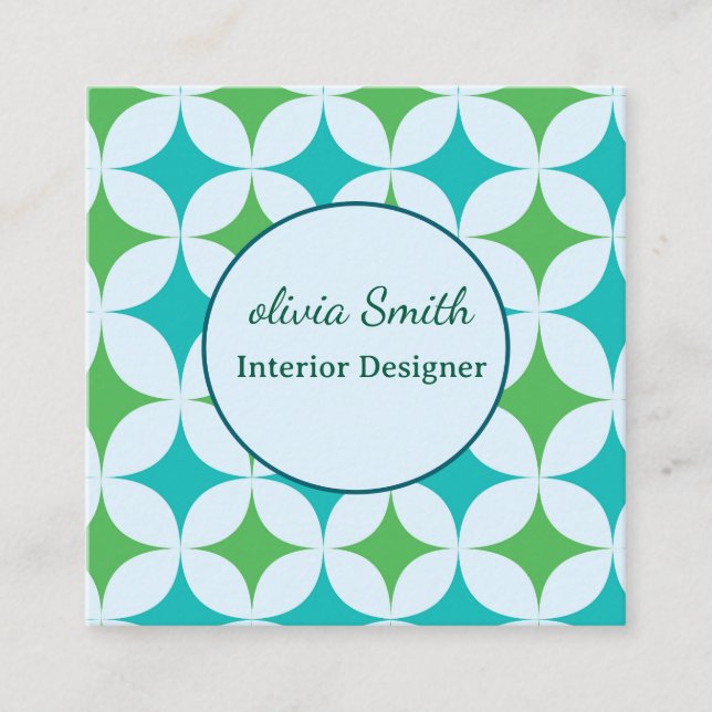 Mid Century  Starbursts in Green and Teal Custom  Square Business Card (Front)