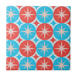 Mid Century Starbursts on Blue and Red Circles Ceramic Tile