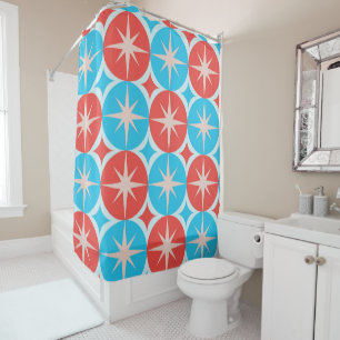 Mid Century Starbursts on Blue and Red Circles Shower Curtain
