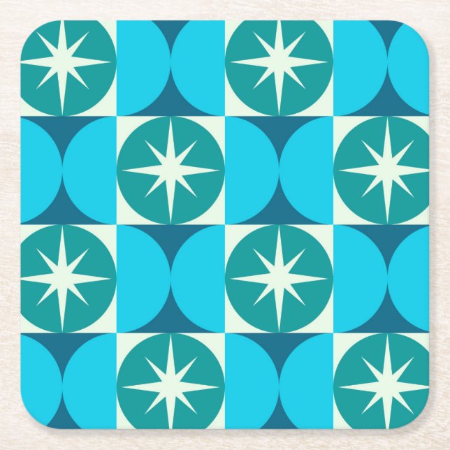 Mid Century Starbursts on Blue Teal Circles Square Paper Coaster (Front)
