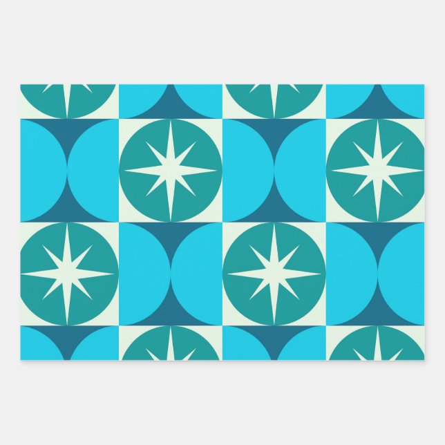 Mid Century Starbursts on Blue Teal Circles Wrapping Paper Sheet (Front)