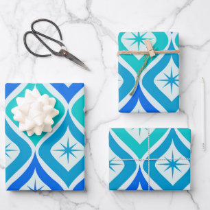 Mid Century Starbursts on Blue Turqouise Ogee  Wrapping Paper Sheet