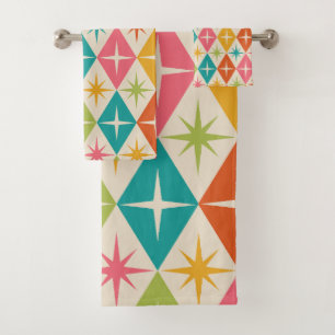 Mid Century Starbursts on Colourful Retro Diamonds Bath Towel Set
