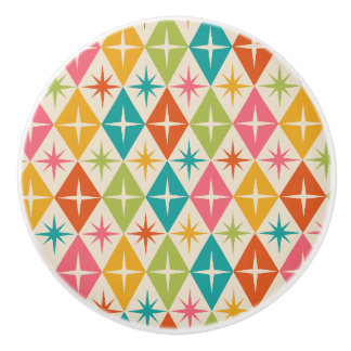 Mid Century Starbursts on Colourful Retro Diamonds Ceramic Knob