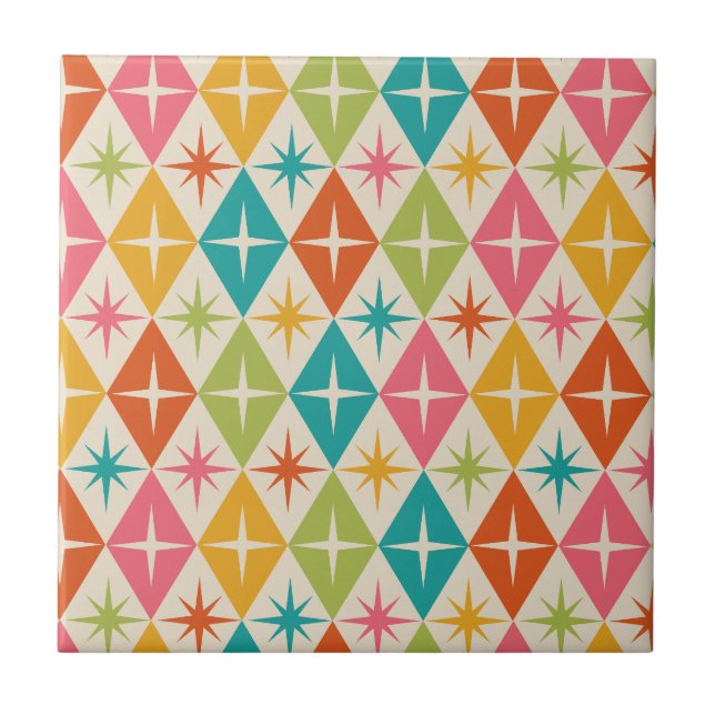 Mid Century Starbursts on Colourful Retro Diamonds Ceramic Tile (Front)