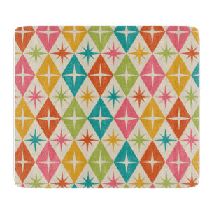 Mid Century Starbursts on Colourful Retro Diamonds Cutting Board